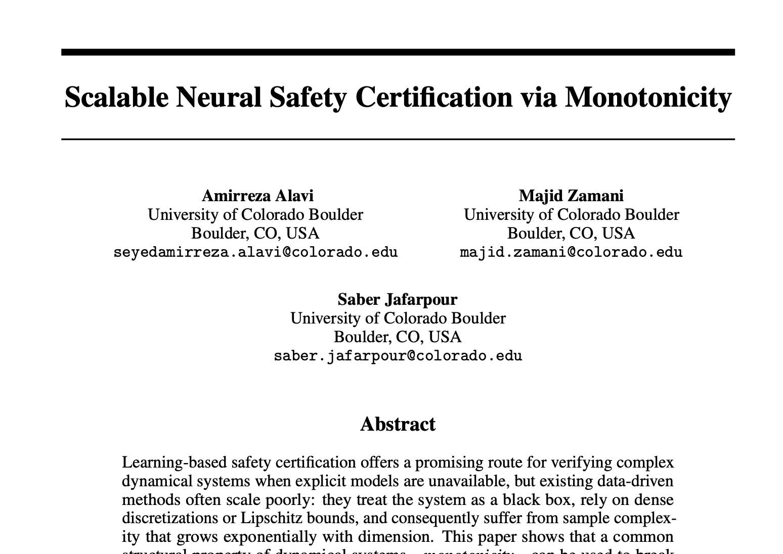 First page of Scalable Neural Safety Certification via Monotonicity